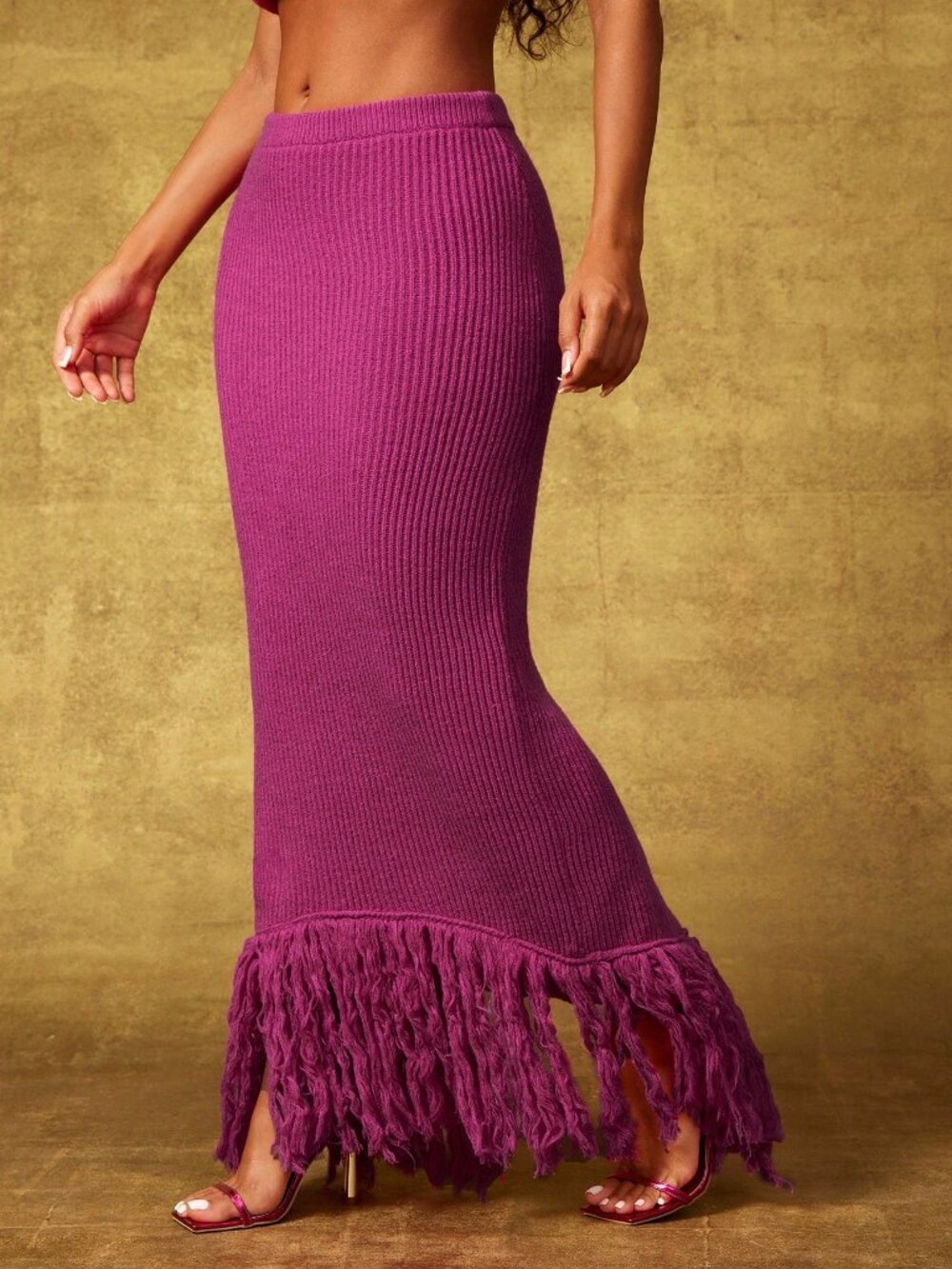 Hot Pink Elegant Women's Hem Rib Waistband Maxi Skirt - Picture 3 of 5